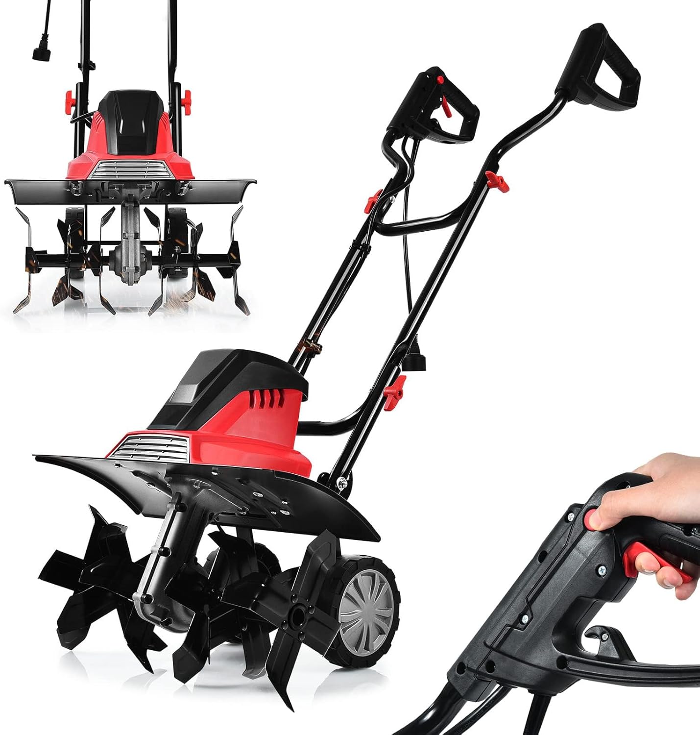 RELAX4LIFE Motozappa Elettrica 1200W/1500W, Zappa a Motore Elettrica 4/6 Lame, Velocità 365/400 rpm, Profondità di Lavoro 22 CM, Larghezza 35/43 CM (1200W)(Nero/Rosso)