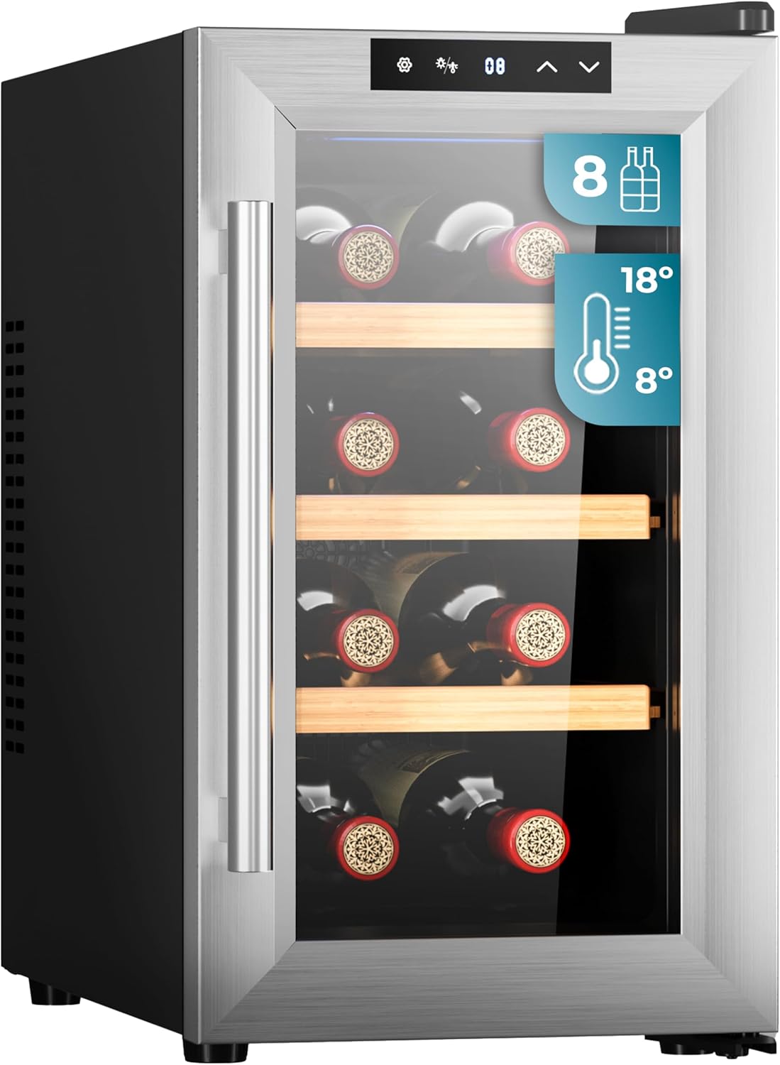 Cecotec Enoteca 8 bottiglie Bolero GrandSommelier 830 CoolWood, Termoelettrica, Basso livello sonoro e alte prestazioni, Temperatura regolabile: 8-18 °C, Pannello di controllo touch, Display,