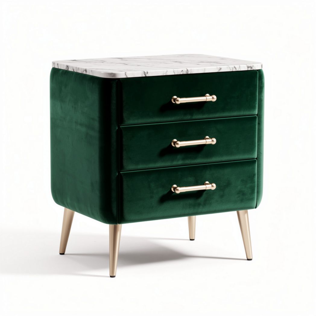 Comò in velluto verde con piano in marmo per camera da letto – 50 x 40 x 60 cm