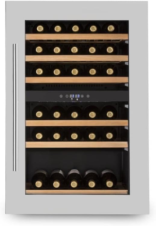 KLARSTEIN Vinsider 35D - frigorifero per vini e bevande, 128 litri, 41 bottiglie, 6 ripiani in legno, frigorifero da incasso, porta in acciaio inox, illuminazione interna LED, nero-argento(Argento)