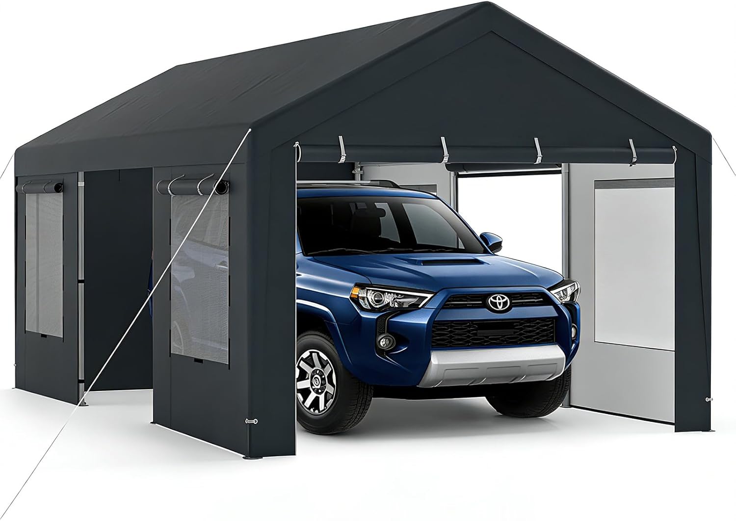 SOARS Tenda Garage Auto Esterno, Tettoia per Auto con Telaio in Metallo, Copertura in PE Resistente alle Intemperie, Capanno Giardino per Vehicolo, Bici, Moto, Attrezzi (Grigio, 305 x 586 x 280 cm)