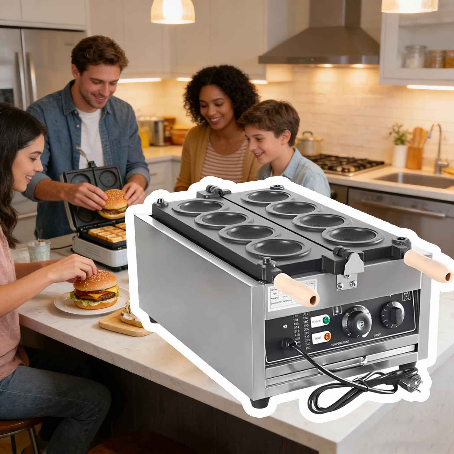Macchina per Hamburger Elettrica UFO ad Alta Potenza, 2000W 6 Stampi / 3000W 8 Stampi Ice Cream Burger Maker, Doppio Riscaldamento 50–300°C, Stampi Antiaderenti, Uso Commerciale da Banco 8-slot
