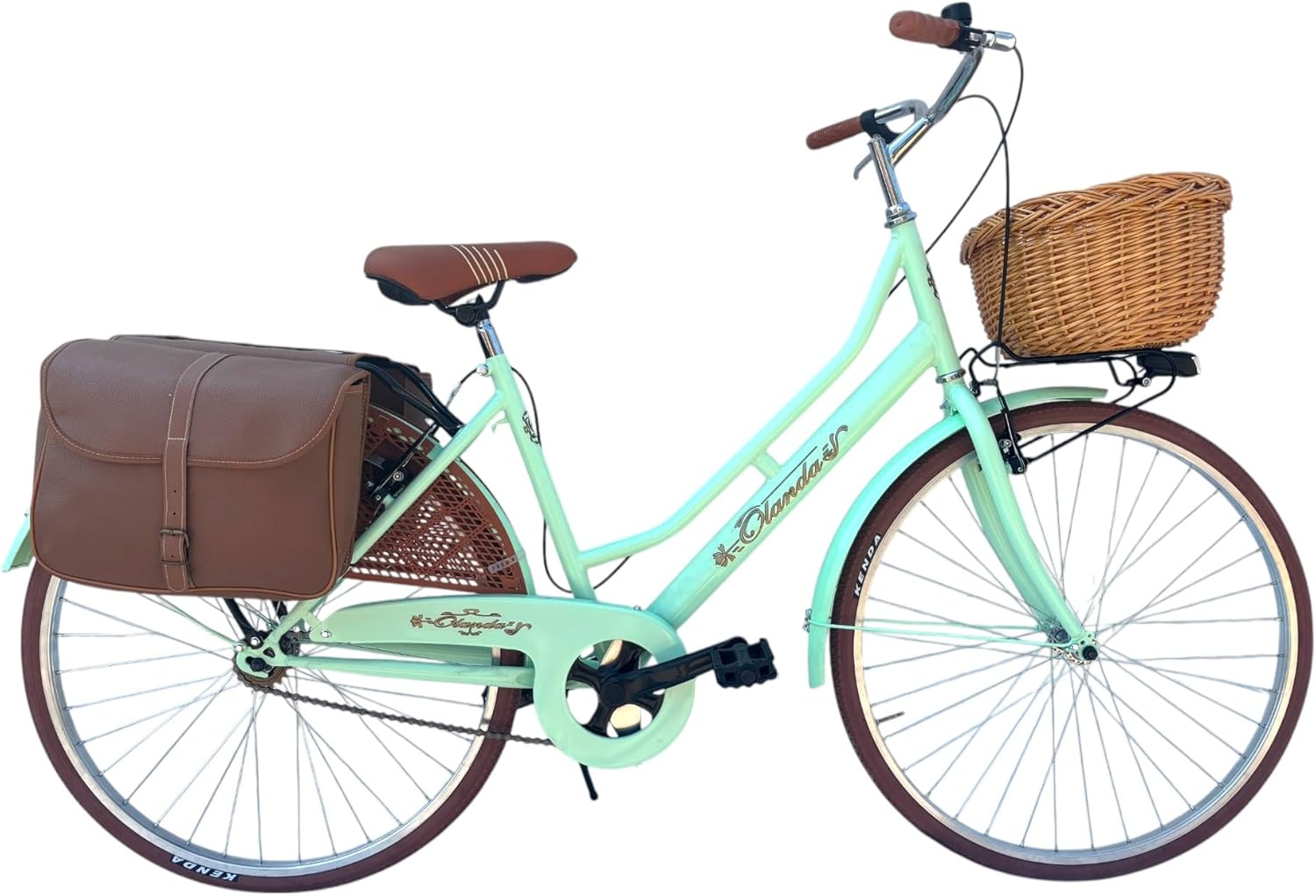 Bicicletta Donna da Passeggio Olanda Misura 26 Bici da città Vintage retrò con Cestino Turchese(Verde Chiaro/Marrone)