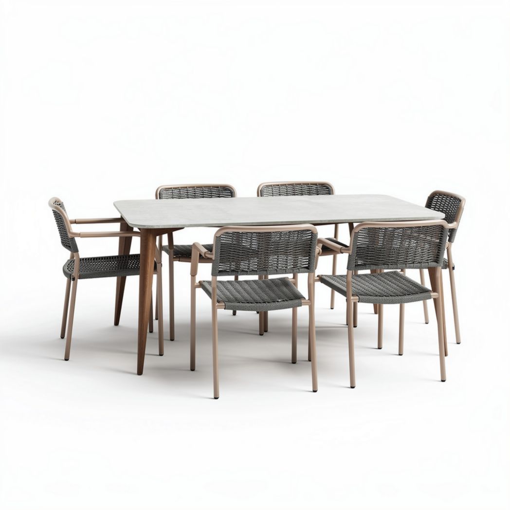 Tavolo da pranzo in legno con sedie in rattan per esterno – 200 x 100 x 75 cm