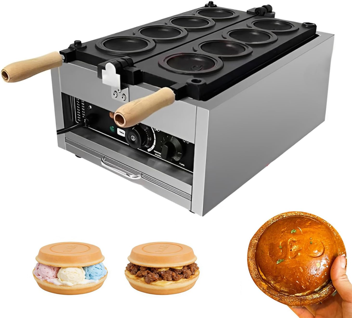 Macchina per Hamburger Elettrica Professionale per Ice Cream Sandwich e Burger Sandwich, Hamburger Maker UFO con 8 Stampi, Riscaldamento su Entrambi i Lati, Antiaderente Facile da Pulire, Acciaio Inox