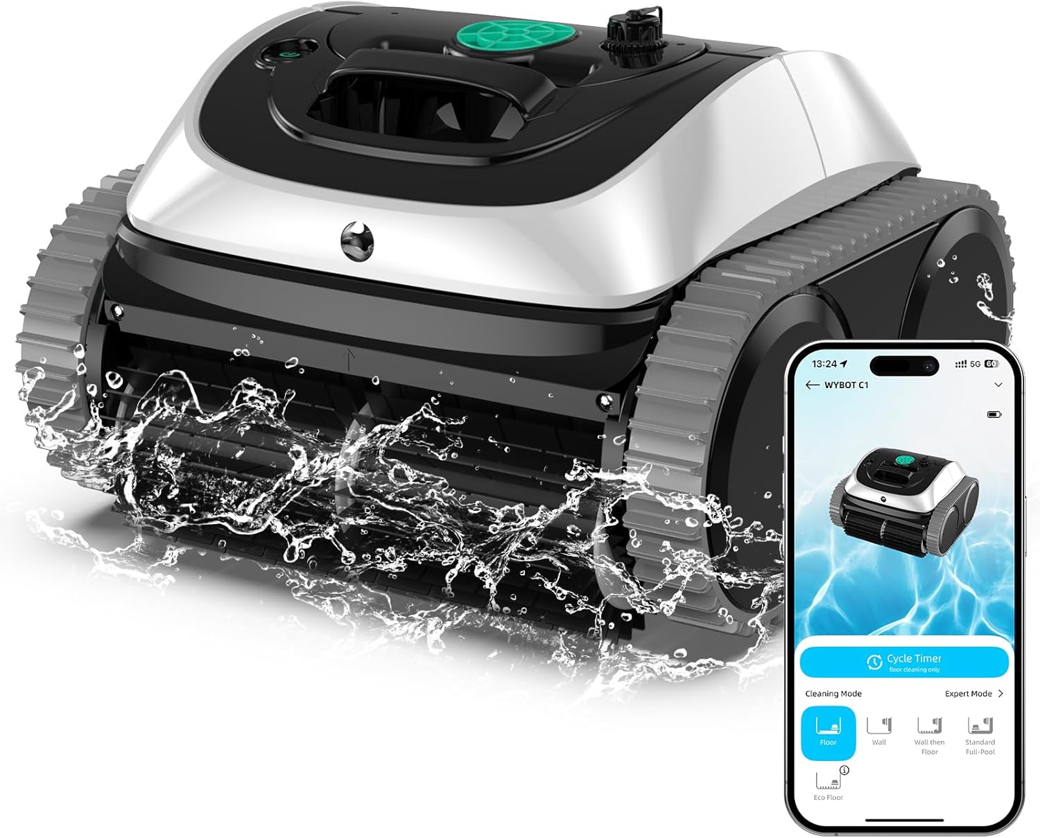 WYBOT C1 Robot Piscina Senza Fili con Pianificazione Intelligente del Percorso, Pulizia Fondo/Pareti/Linea dell'Acqua, robot pulisci piscina con 3 Motore, Fino a 150 Mins, 150㎡(Bianco)