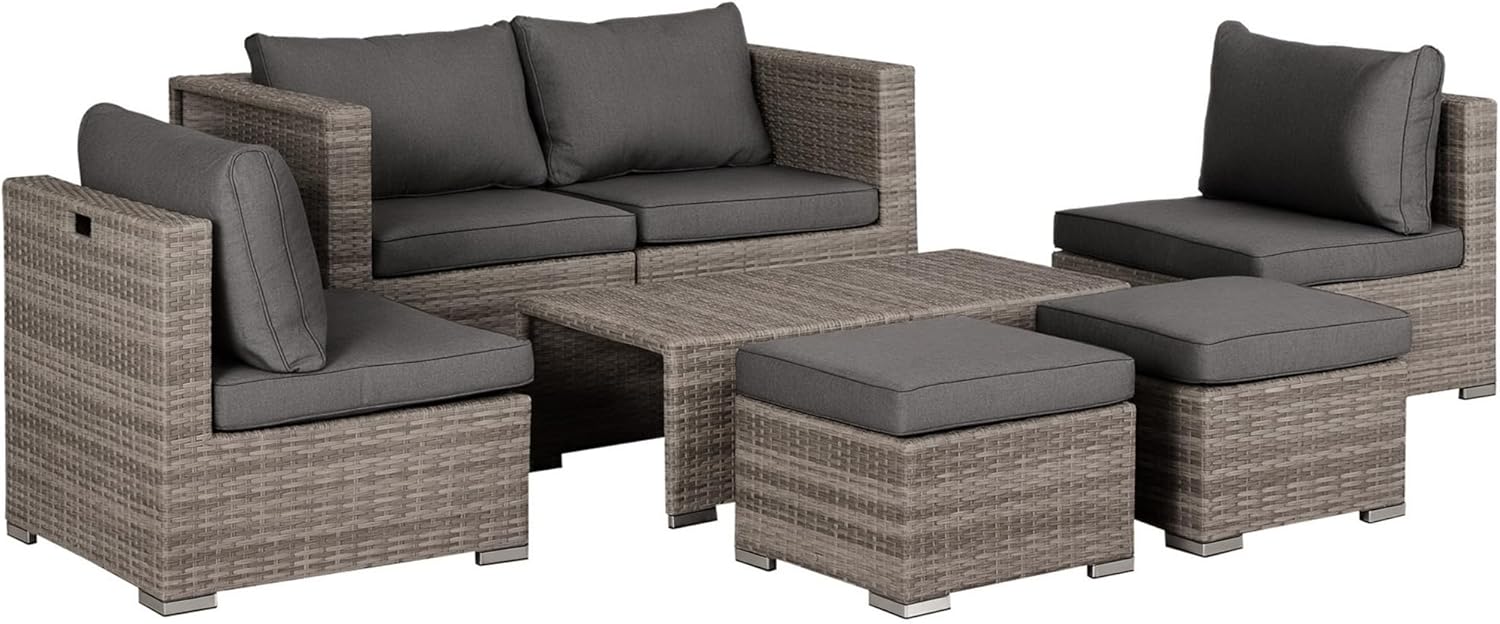 Outsunny Outdoor PE Rattan Lounge Set of 8, Space-Saving Garden Furniture Set with Armchairs, Tables and Stools, Grey