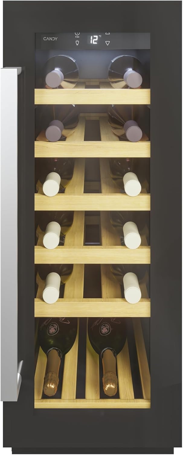 Candy DiVino Cantinetta Vino da Incasso, 20 Bottiglie, 1 Zona, con Vetro Anti-UV e Filtro ai Carboni Attivi, 6 Ripiani in Legno, Luce LED Interna, Classe F, 29,5 x 57,5 x 81,3 cm, Nera - CCVB 30/1