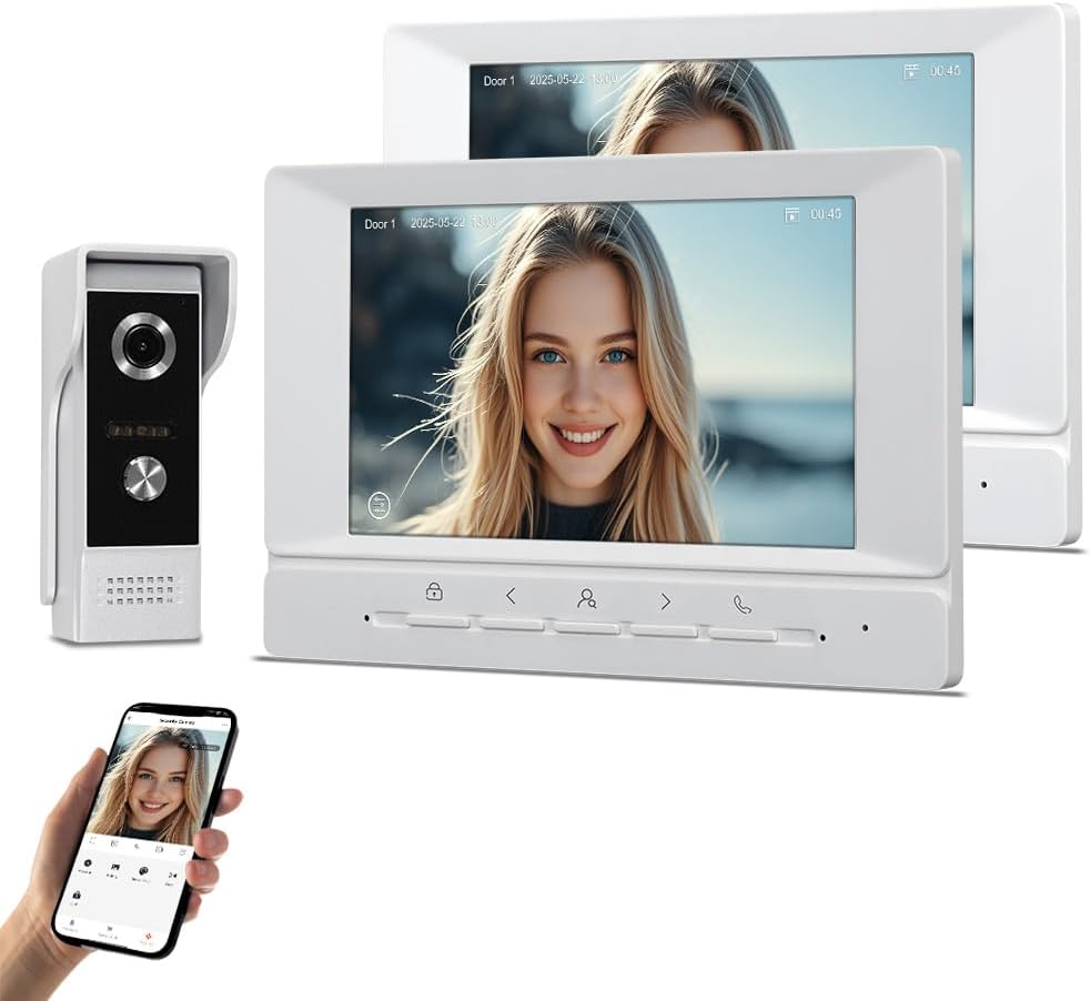 Sistema interfono videocitofono WiFi 1080P HD con videocampanello, 2 monitor con schermo a colori da 7 pollici, visione notturna IR, audio bidirezionale, registrazione, sblocco remoto