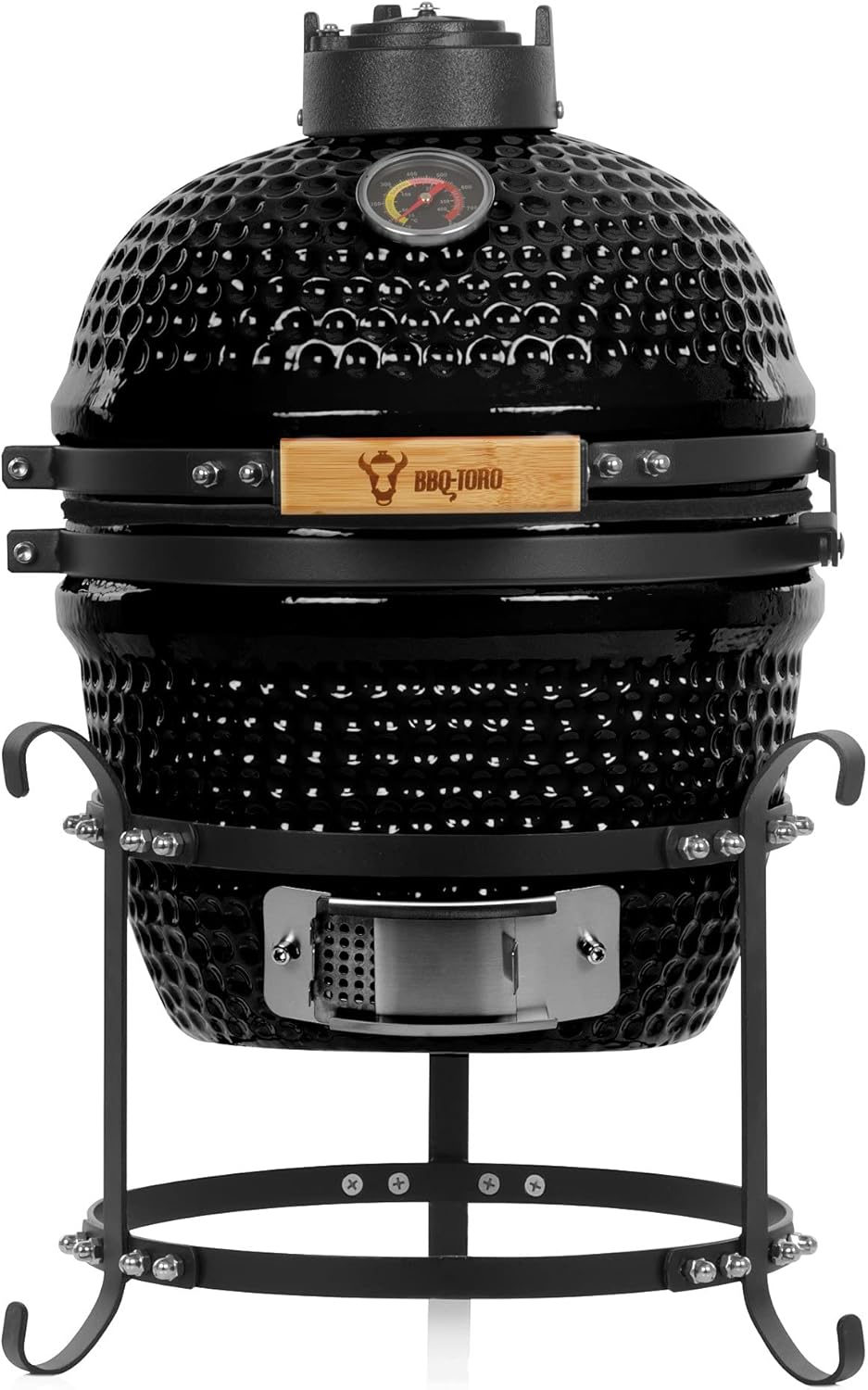Griglia Kamado BBQ-Toro a carbonella Haiiro Ø 32 cm con termometro, manico in legno | Nero | Griglia Kamado in ceramica, mini griglia a carbonella(Nero)