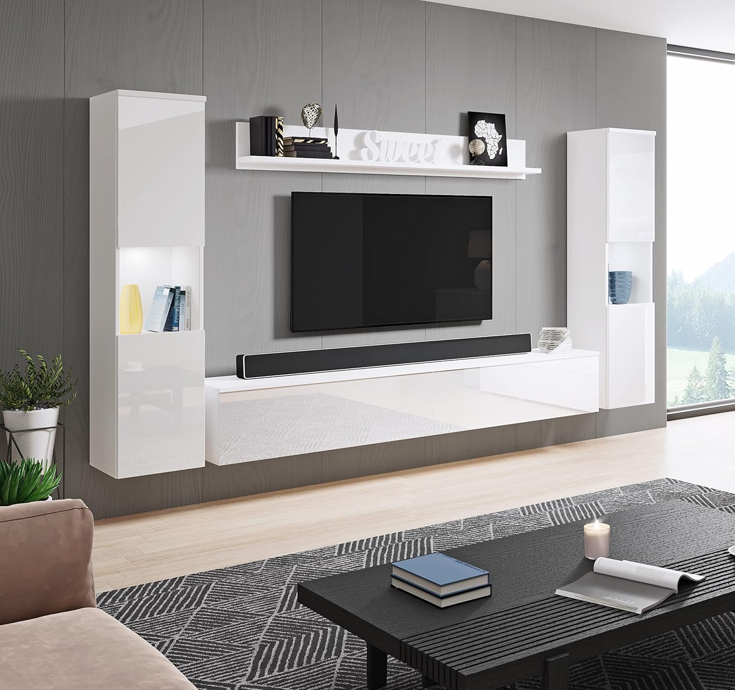 Parigi XL, Mobile da Soggiorno Moderno con Illuminazione a LED (Bianco/Bianco Lucido)