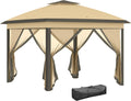 Outsunny Pop Up Gazebo 3.3 x 3.3 m Height Adjustable on 3 Levels with Mosquito Nets, Side Panels and Transport Bag, Outdoor Gazebo with Double Roof in Metal and Oxford Fabric, Beige