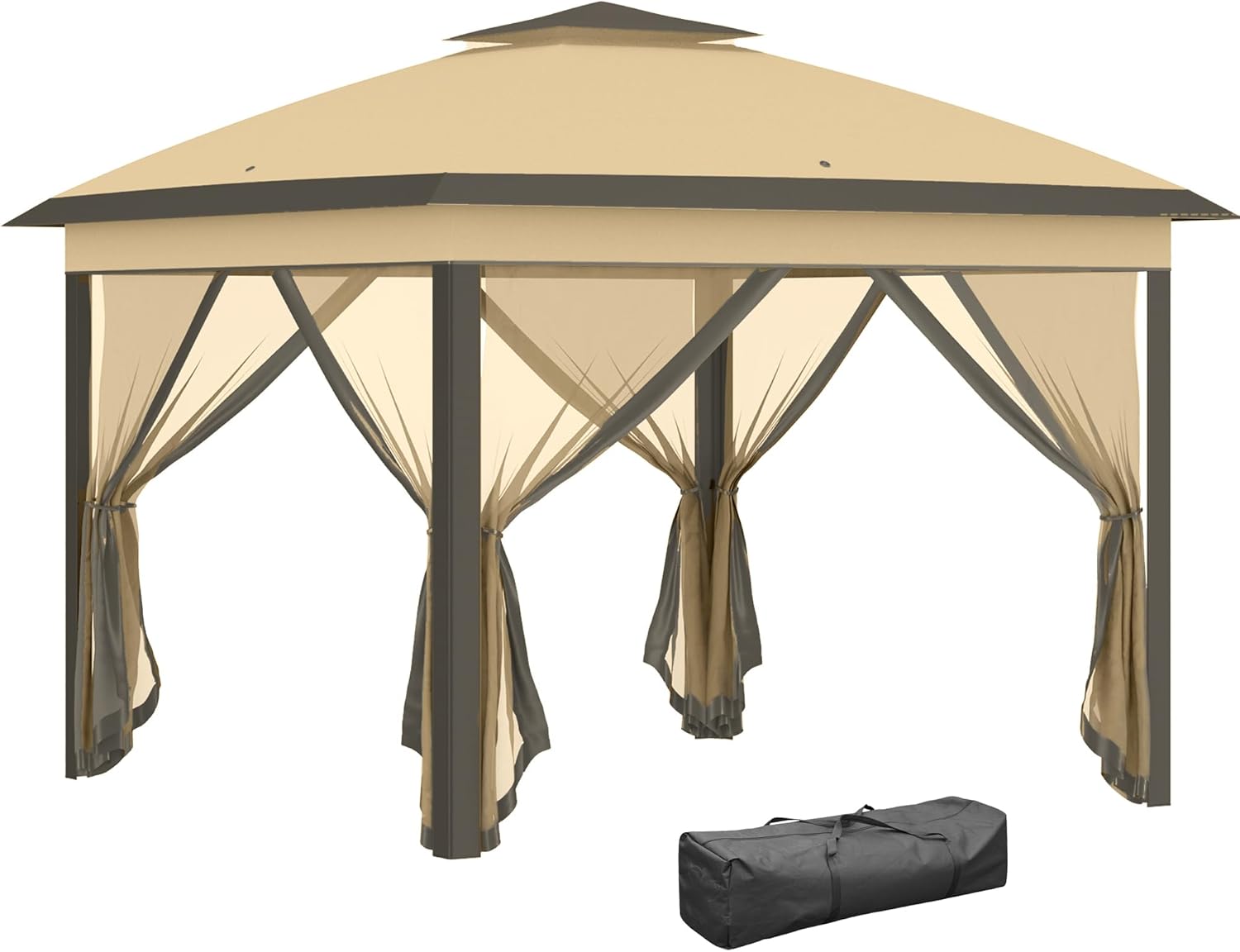 Outsunny Pop Up Gazebo 3.3 x 3.3 m Height Adjustable on 3 Levels with Mosquito Nets, Side Panels and Transport Bag, Outdoor Gazebo with Double Roof in Metal and Oxford Fabric, Beige
