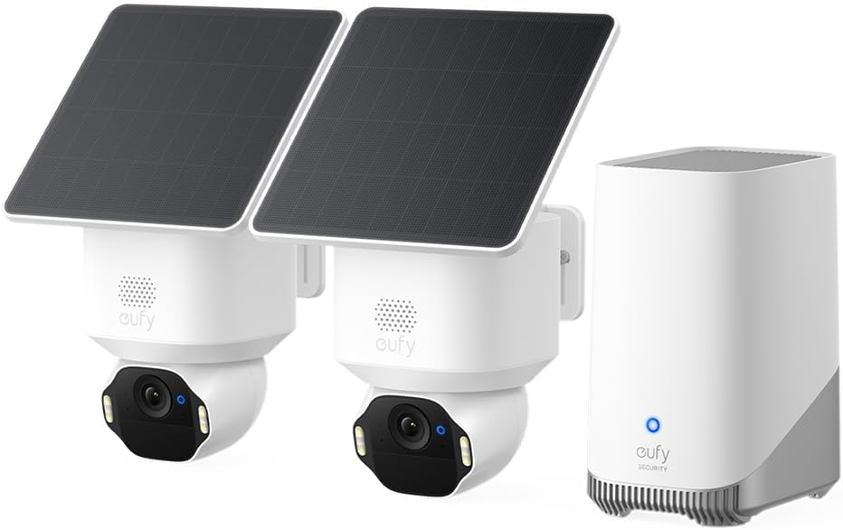 eufy Security SoloCam E42 (HomeBase S380) kit di 2 telecamere, telecamera wireless 4K esterna, energia FV, rilevamento moto AI, strobo, pan e inclinazione, riconoscimento facciale, spazio fino a 16 TB