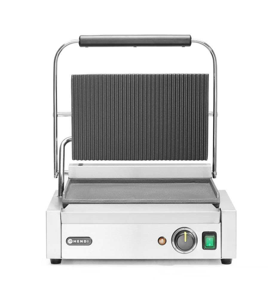 HENDI Piastra Elettrica a Contatto, Grill/Griglia Panini Professionale, Piastre Liscia e Rigata in Ghisa Smaltata, 230V, 2200W, 430x375x(H)216mm, Acciaio Inox