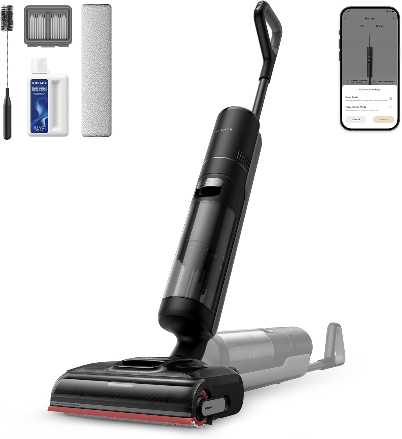 DREAME H15 Pro Aspirapolvere Lavapavimenti, Braccio robotico AI DescendReach GapFree, Aspirazione da 21.000 Pa, 0 grovigli, Lavaggio spazzola a immersione a 100 °C, Asciugatura in 5 min a 90°C