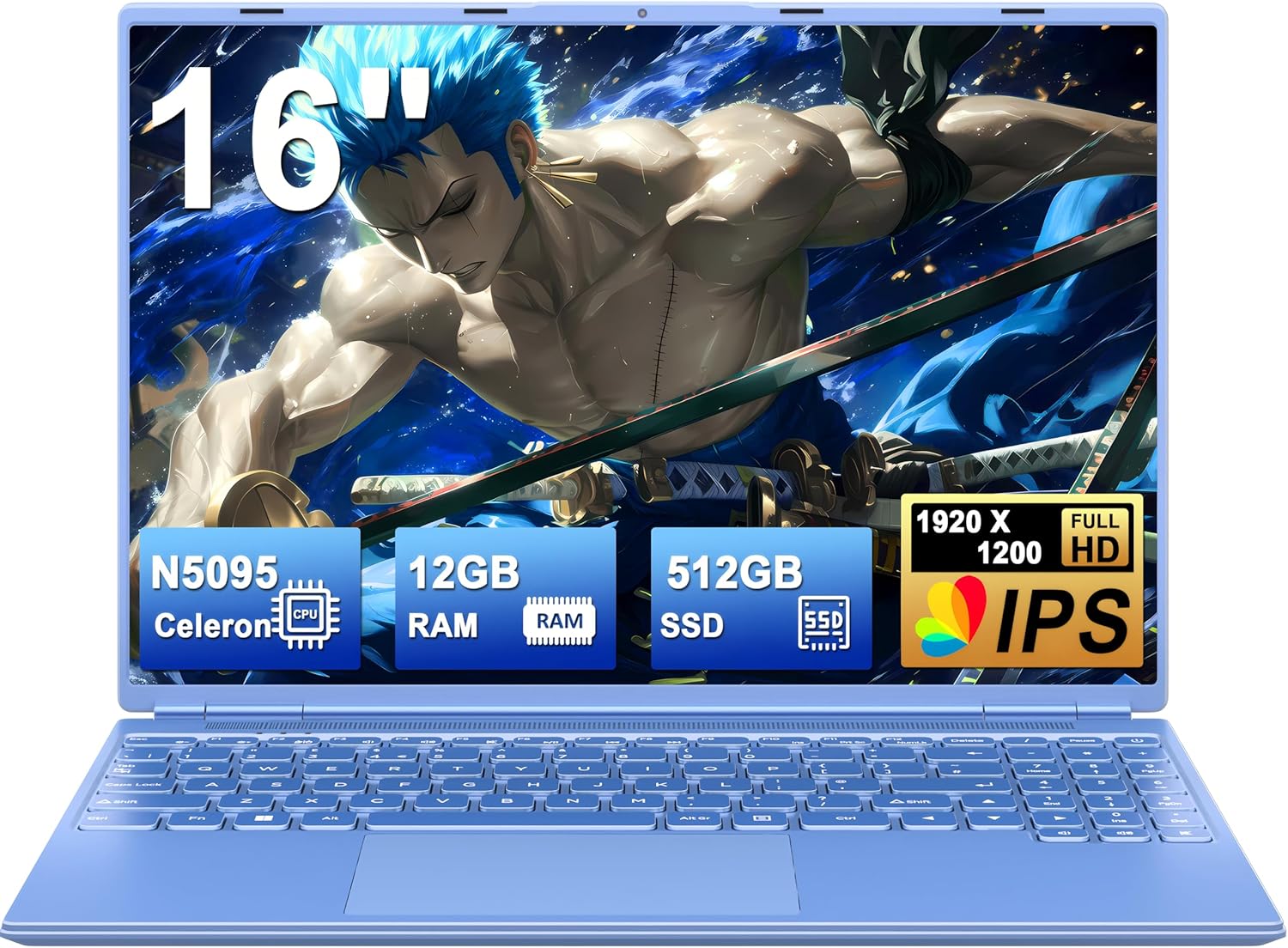 PC Portatile Win11 Laptop 12GB 512GB 1TB SSD Espansione, Notebook 16 Pollici Celeron N5095 (fino a 2.9Ghz) 丨Ventola di Raffreddamento丨5G WIFI丨1920 * 1200 2K Schermo Doppio- Blu(Blu)