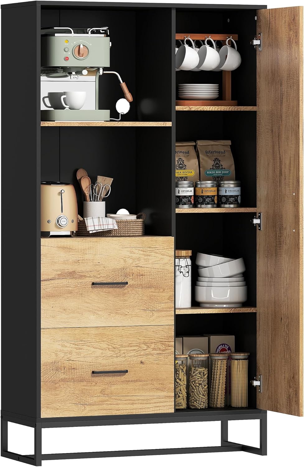 HOMCOM Credenza Cucina, Mobile Dispensa con 2 Cassetti, 2 Ripiani Aperti e Armadietto con Ante Soft Close, Mobile Cucina con Ripiani Regolabili, per Sala da Pranzo, Soggiorno, Nero e Color Legno