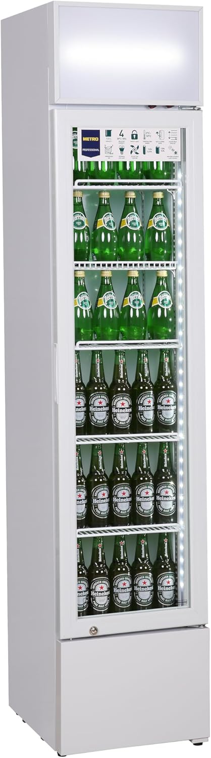 METRO Professional Frigorifero Slim per Bevande GSC2133, 133L, 200 W, 5 Ripiani Regolabili, Illuminazione LED, Serratura, Bianco (Bianco, 133 L)(Bianco)